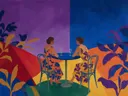 Schilderij van cafétafel in alle kleuren van de regenboog