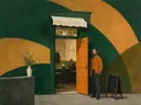Schilderij van cafétafel in amber en flessengroen, in vlakke kleurvlakken