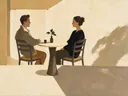 Schilderij van cafétafel in camel en ivoor, in vlakke kleurvlakken