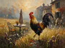 Cafétafel in de ochtendmist tussen de grassen, schilderij van cafétafel