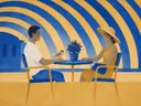 Schilderij van cafétafel in delfsblauw en mosterd