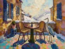 Cafétafel in diep het volle beeld in de sneeuw, schilderij van cafétafel