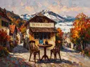 Cafétafel in donker het volle beeld in de sneeuw, schilderij van cafétafel
