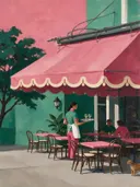Schilderij van cafétafel in framboos en jade, in vlakke kleurvlakken
