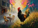 Cafétafel in gedempt de ochtendmist tussen de grassen, schilderij van cafétafel