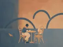 Schilderij van cafétafel in grijsblauw en abrikoos