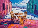 Cafétafel in het volle beeld in de sneeuw, schilderij van cafétafel
