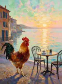 Cafétafel in licht tegenlicht aan het water, schilderij van cafétafel
