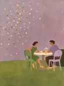Schilderij van cafétafel in lila en mosgroen, in vlakke kleurvlakken
