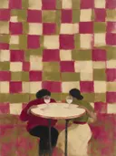 Schilderij van cafétafel in magenta en olijfgroen, in vlakke kleurvlakken