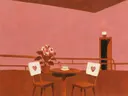 Schilderij van cafétafel in poederroze en bruin, in vlakke kleurvlakken