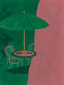 Schilderij van cafétafel in smaragd en oud roze, in vlakke kleurvlakken