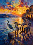Cafétafel in tegenlicht aan het water, schilderij van cafétafel