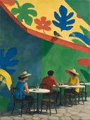 Schilderij van cafétafel in vier heldere kleuren naast elkaar, in vlakke kleurvlakken