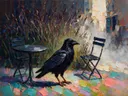 Cafétafel in warm de ochtendmist tussen de grassen, schilderij van cafétafel