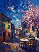 Cafétafel in warm het vergezicht bij bloesem, schilderij van cafétafel