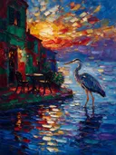 Cafétafel in warm tegenlicht aan het water, schilderij van cafétafel