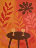 Schilderij van cafétafel in warme kleuren bij elkaar, in vlakke kleurvlakken