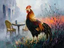 Cafétafel in zacht de ochtendmist tussen de grassen, schilderij van cafétafel