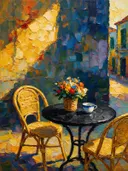Cafétafel van dichtbij tegen een muur in helder de schaduw, schilderij van cafétafel van dichtbij tegen een muur