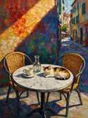 Cafétafel van dichtbij tegen een muur in licht de schaduw, schilderij van cafétafel van dichtbij tegen een muur