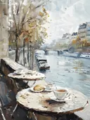 Schilderij van een caféterras met uitzicht op de Seine in Parijs