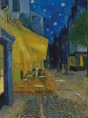 Caféterras bij nacht van Vincent van Gogh: stad met cafeterras, nacht, sterren en straat, in fel geel en diepblauw