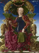 Calliope van Cosimo Tura: figuren met vrouw, troon, rode mantel en renaissance, in rood, blauw en goud