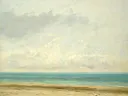 Calm Sea van Gustave Courbet: zee met zee, strand, wolken en kust, in lichtblauw en zandkleur