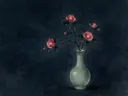 Schilderij van camelia in een gladde celadon-groene porseleinen vaas, oosterse stijl in inktzwart