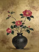 Schilderij van camelia in een antracieten vaas met een fijn gebarsten goudlijn-glazuur, oosterse stijl in goud en brons