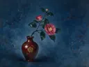 Schilderij van camelia in een glanzende oxblood-rode lakvaas, oosterse stijl in indigo en goud