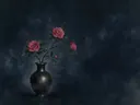 Schilderij van camelia in een donkere keramische vaas met gespikkeld goudglazuur, oosterse stijl in inktzwart