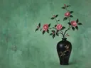 Schilderij van camelia in een mat zwarte vaas met een dun geschilderd goudmotief, oosterse stijl in jade