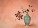 Schilderij van camelia in een gladde celadon-groene porseleinen vaas, oosterse stijl in koraal en goud