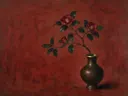Schilderij van camelia in een diep bronzen vaas met een fijne goudrand, oosterse stijl in lakrood