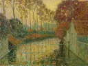 Canal in Autumn (Gisors) van Henri Le Sidaner: landschap met kanaal, herfst, bomen en water, in goudgeel en groen