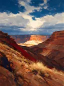 Landschapsschilderij, canyon met gestreepte wanden op rode aarde