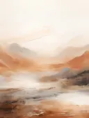 Abstract schilderij van een canyonlandschap in okergeel en grijstinten.