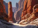Schilderij van een smalle canyondoorgang tussen hoge rotswanden met blauwe lucht