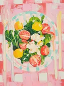 Schilderij van een bord caprese salade met tomaat, mozzarella en sla.