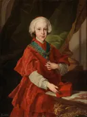 Cardinal-Infante Luis Antonio of Bourbon van Louis-Michel van Loo: portret met jongen, rode mantel, pruik en tafel, in fel rood en goud