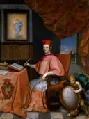 Cardinal Juan Everardo Nithard van Alonso del Arco: portret met kardinaal, rood gewaad, boek en tafelkleed, in warm rood en bruin