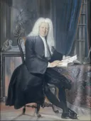 Carel Bouman (1673 1747). Tabaksfactor te Amsterdam en dichter van Cornelis Troost: portret met man, pruik, schrijftafel en interieur, in donker met wit