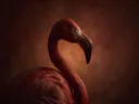 Studioportret van Caribische Flamingo en profil, tegen een geschilderd doek in terracotta