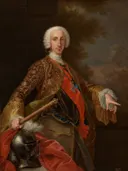 Carlos de Borbón, rey de las Dos Sicilias van Giuseppe Bonito: portret met man, pruik, gouden jas en harnas, in goud en rood