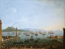 Carlos III leaving the Port of Naples, as Seen from the Land van Antonio Joli: stad met haven, schepen, stad en vulkaan, in licht blauw en beige