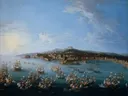 Carlos III leaving the Port of Naples, as Seen from the Sea van Antonio Joli: zee met schepen, haven, zee en kust, in helder blauw en beige
