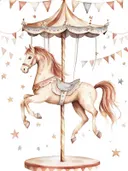 Schilderij van een carrousel paard met vlaggetjes en sterren, kinderkamer decoratie