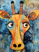 Cartoonachtige giraffekop met grote bruine ogen tegen een blauwe achtergrond